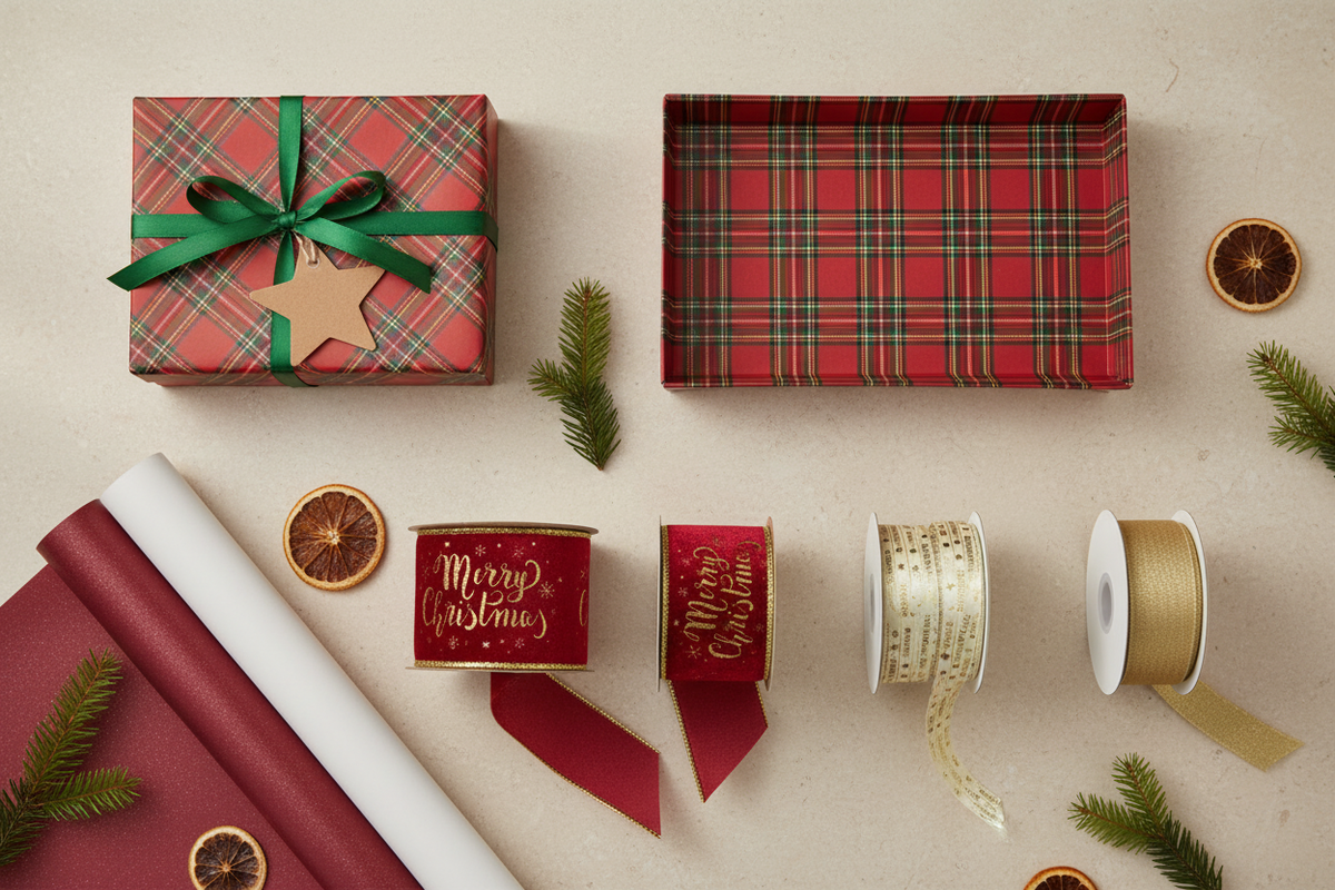 Christmas Packaging Composition with Ribbons