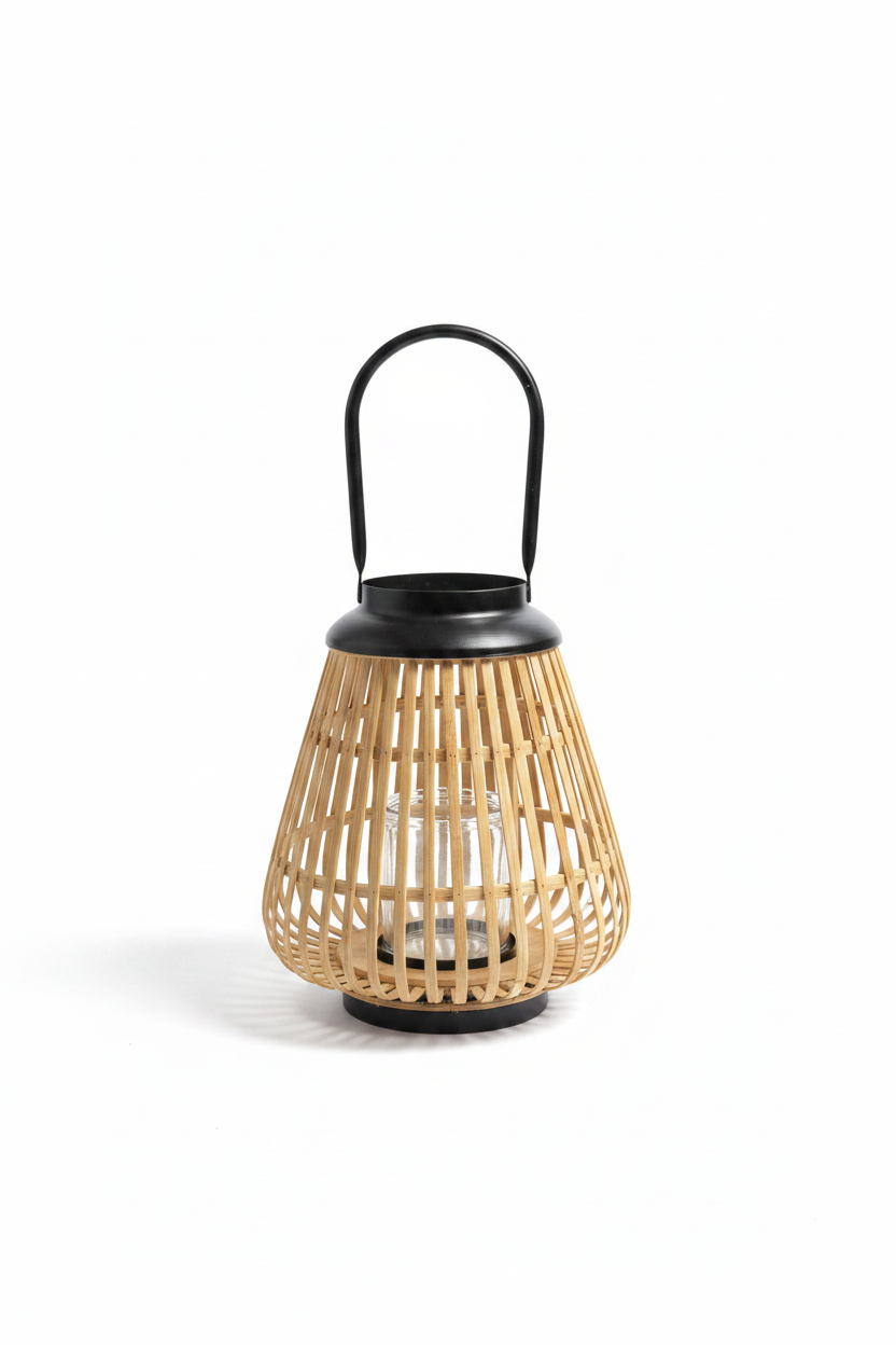 Lanterna Tonda Legno C/Manico Nero H.25 | H.30
