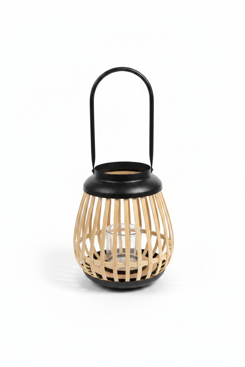 Lanterna Tonda Legno C/Manico Nero H.25 | H.30
